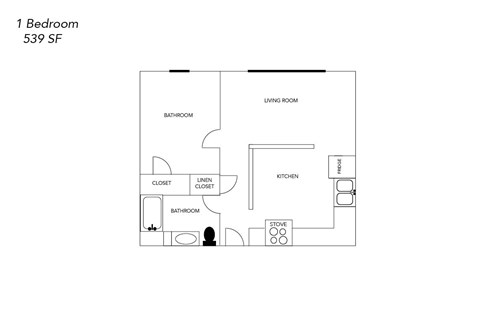 Floor plan for 1 bed, 1 bath, 539 sqft